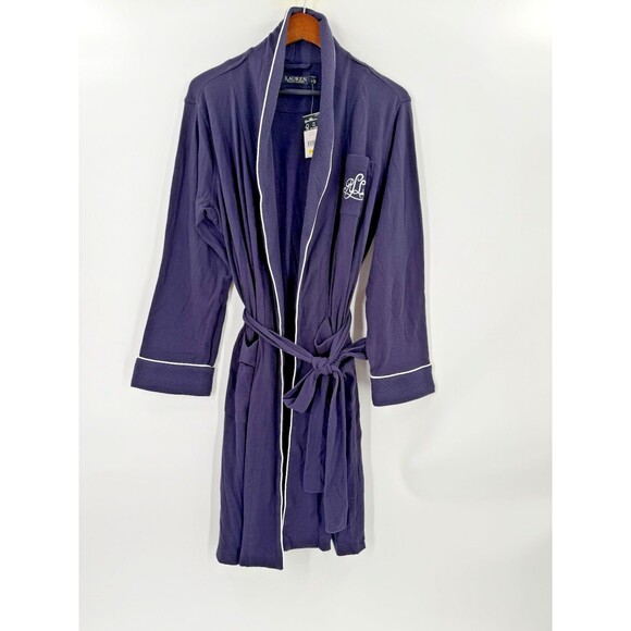 NEW W TAGS Black Label Ralph Lauren Navy Blue Shawl Collar Bath Robe Soft MEDIUM - Picture 7 of 16
